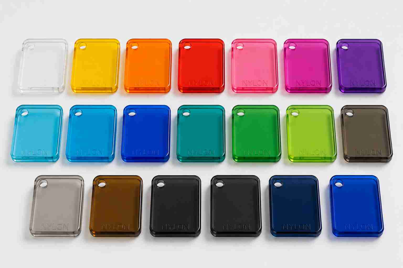 transparent nylon samples colored with industrial dyes