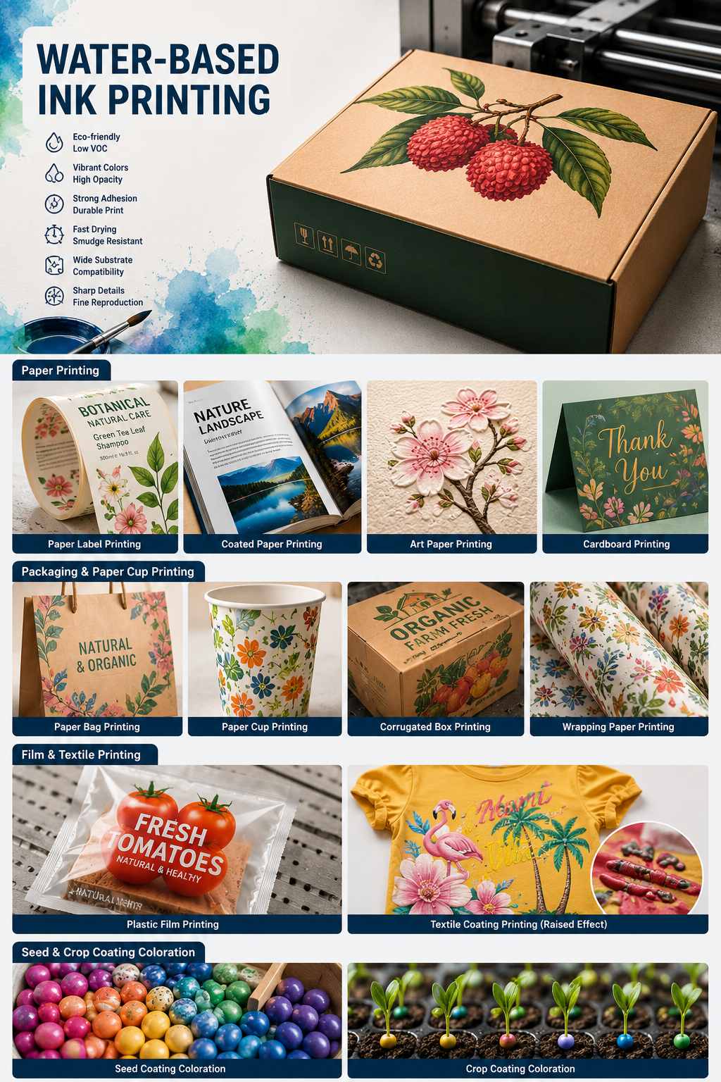 Examples of water-based ink printing on labels, paper, packagings, plastic films, textile prints, and agricultural seed coatings