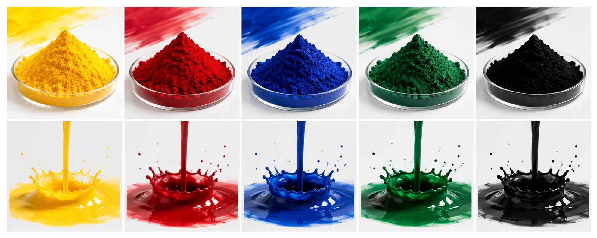 Selection of yellow red blue green and black pigments used in water-based ink formulations