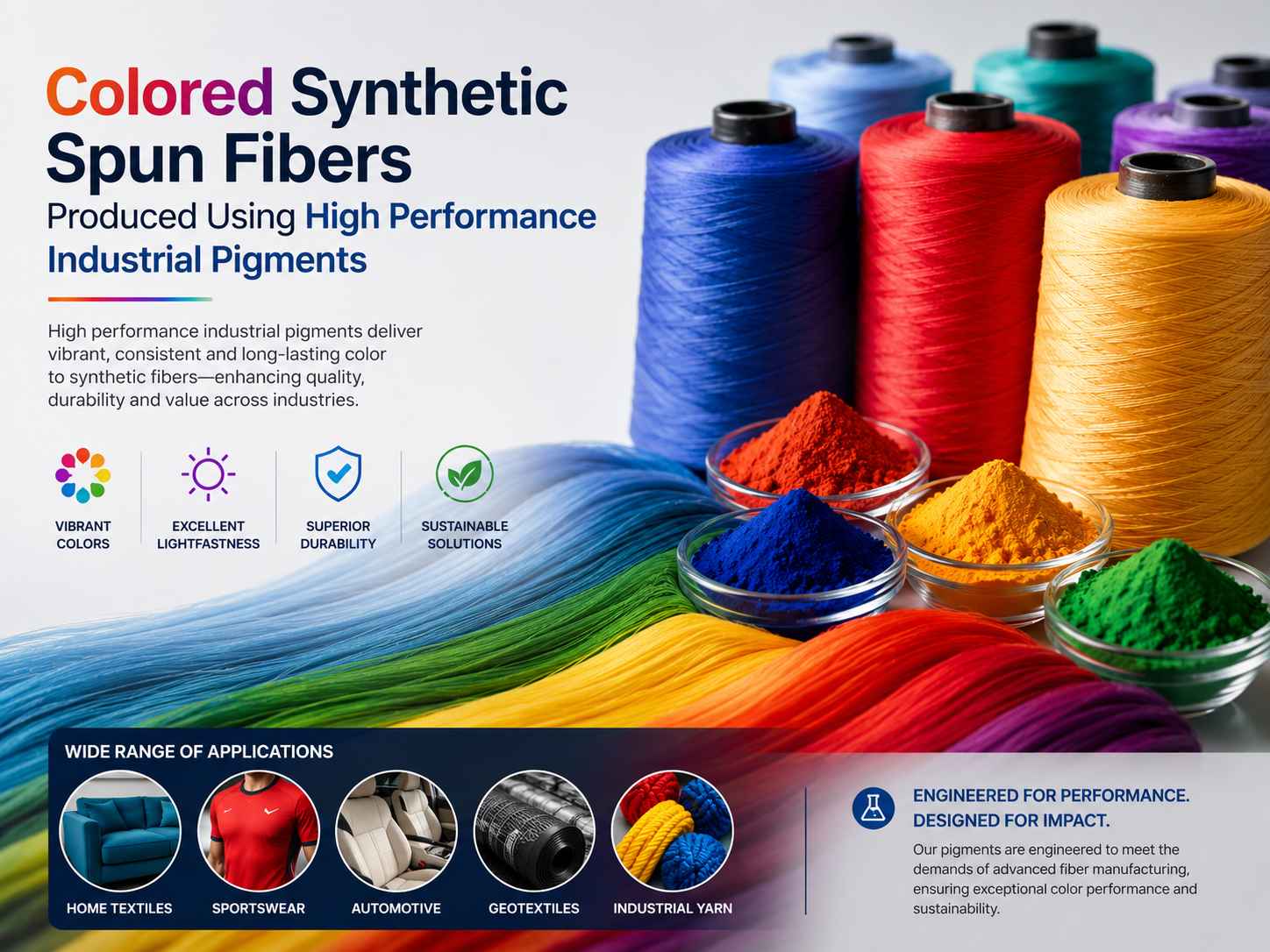Colored synthetic spun fibers produced using high performance industrial pigments