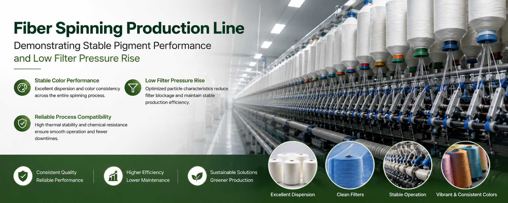 Fiber spinning production line demonstrating stable pigment performance and low filter pressure rise
