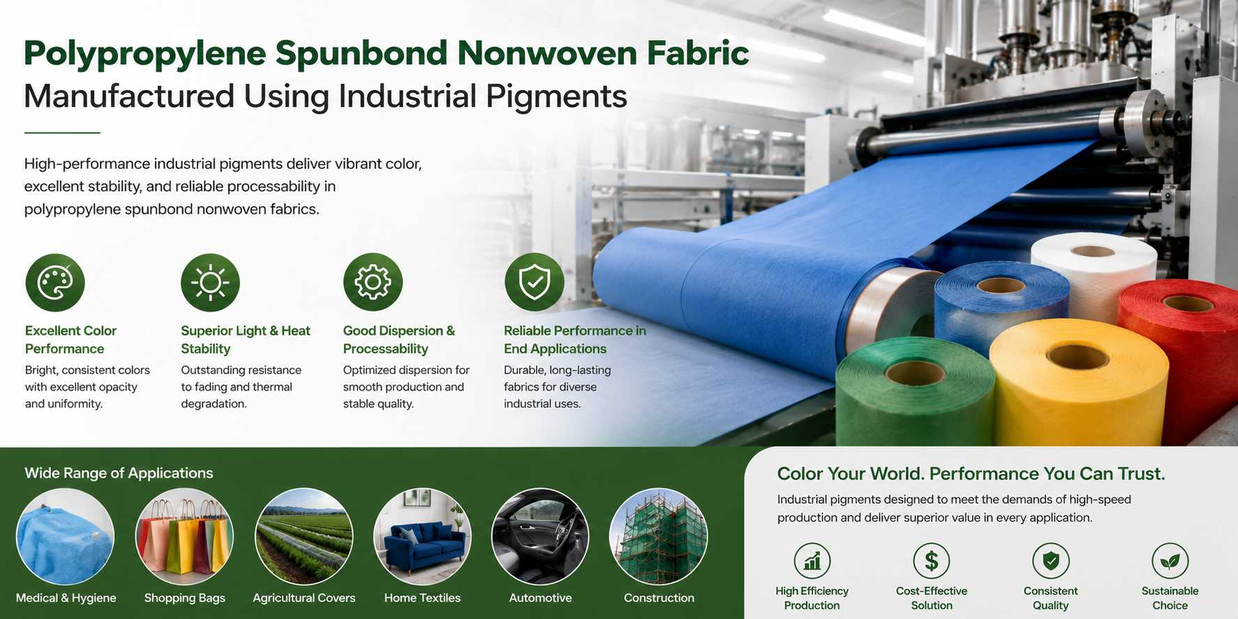 Polypropylene spunbond nonwoven fabric manufactured using industrial pigments