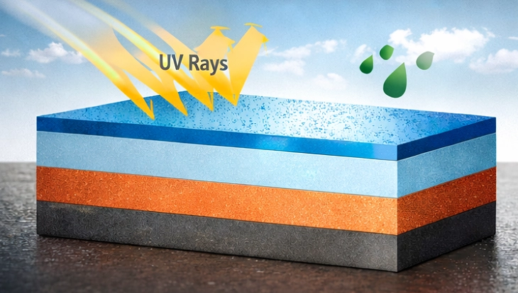 The cross-sectional view highlights how pigments in the topcoat layer protect the underlying surfaces from UV rays and moisture, preventing corrosion and damage.