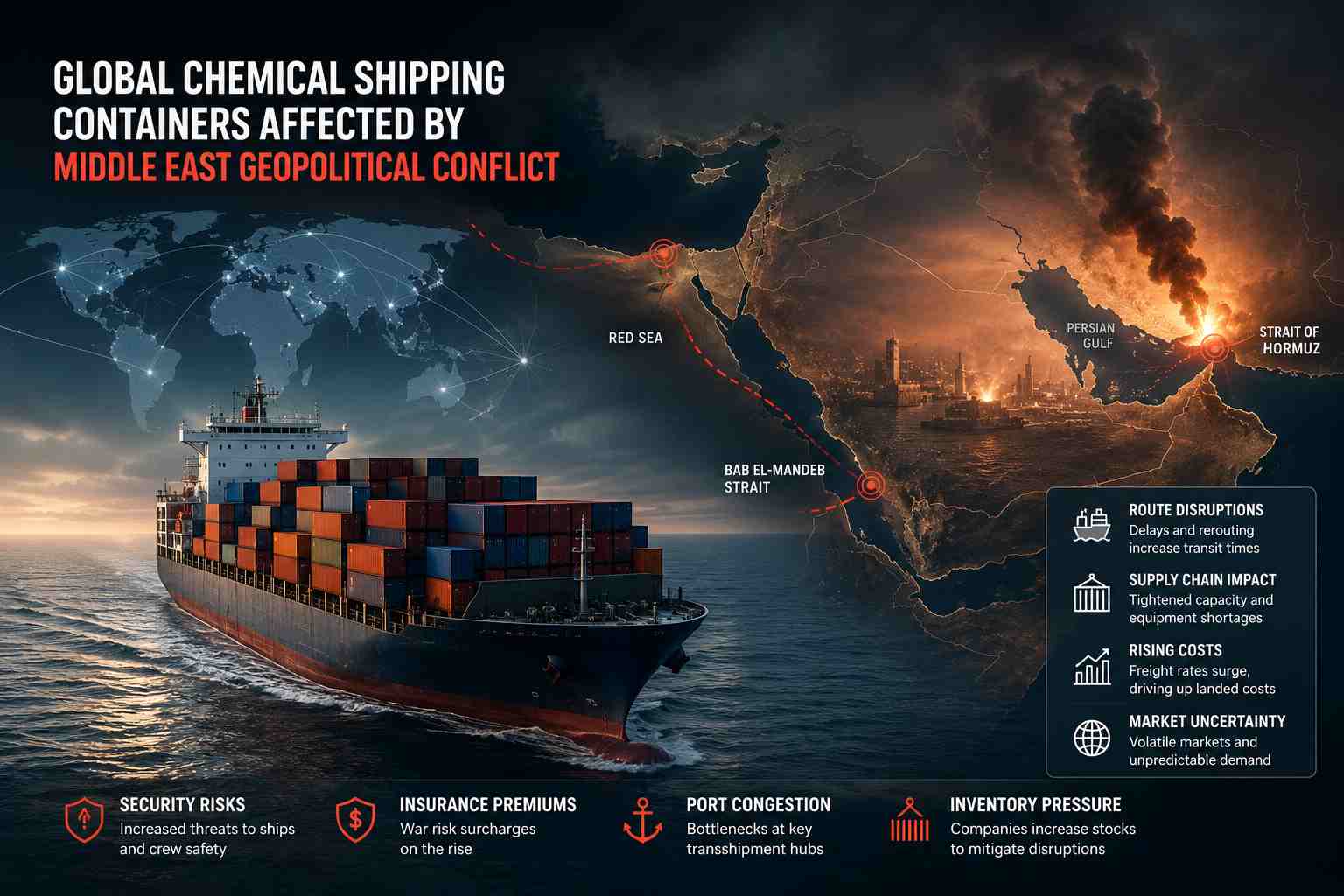 global chemical shipping containers affected by Middle East geopolitical conflict