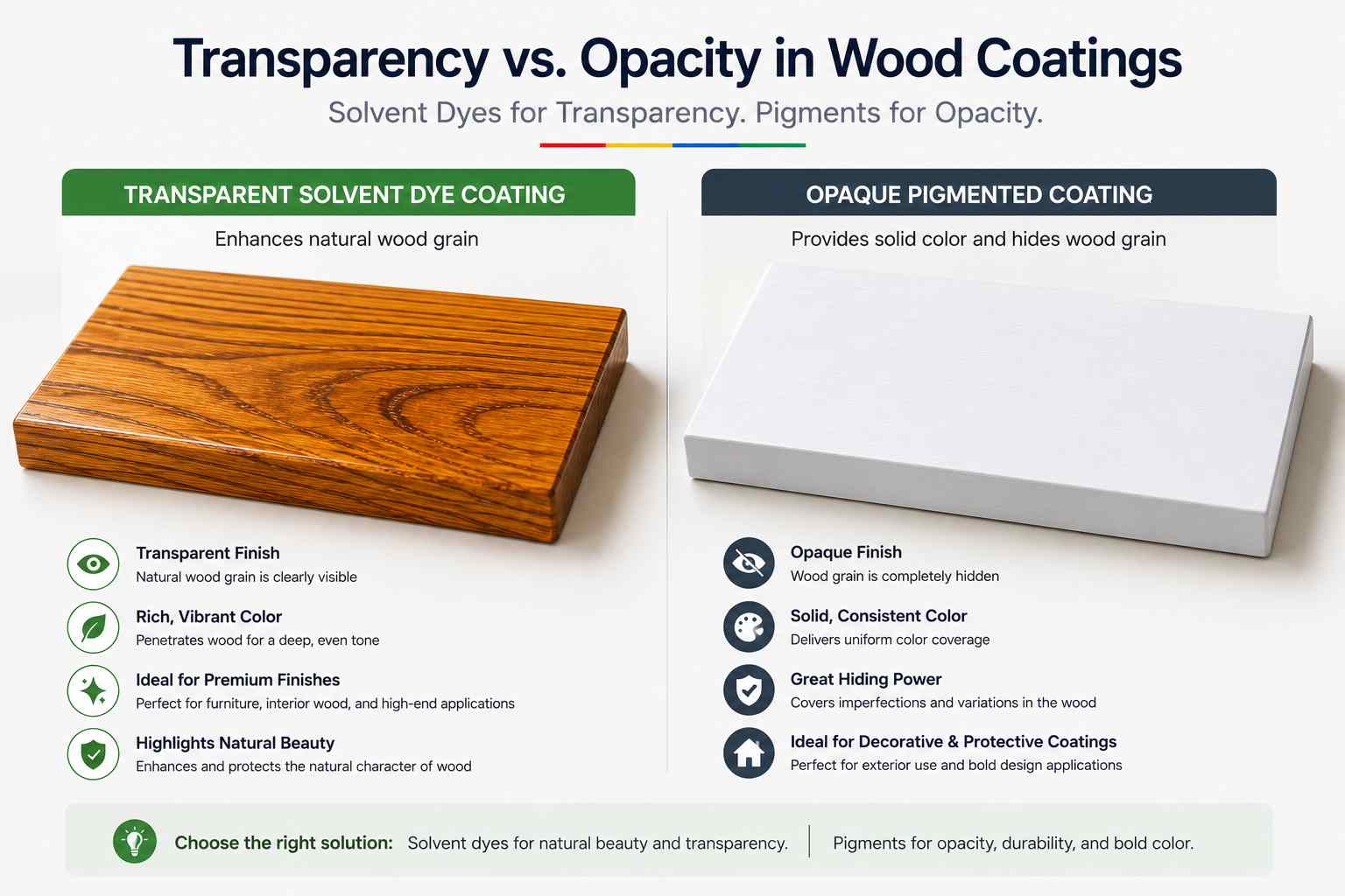Comparison of transparent solvent dye wood coating and opaque pigmented wood coating