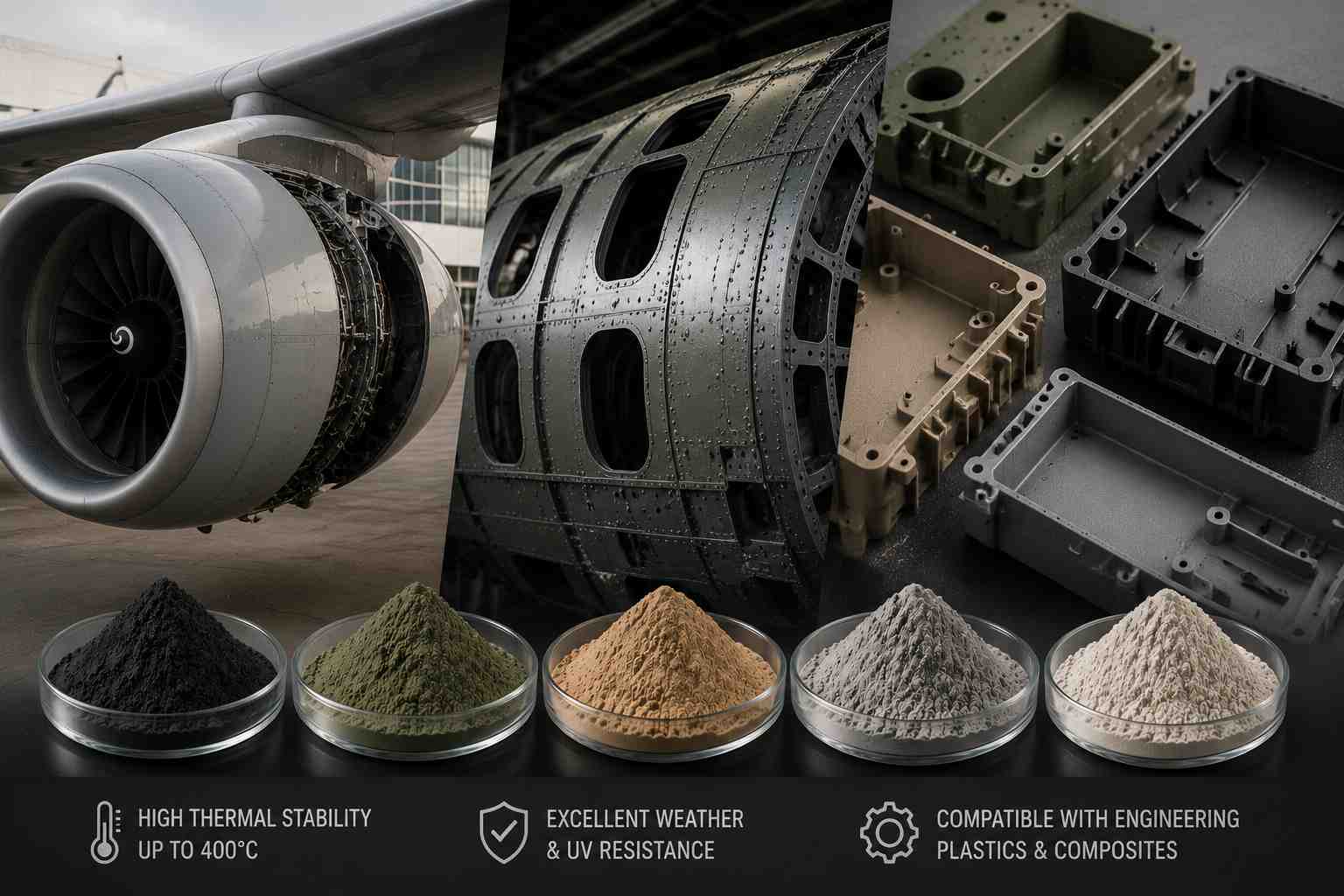 High-performance pigments used in aerospace components and engineering plastic applications requiring thermal stability