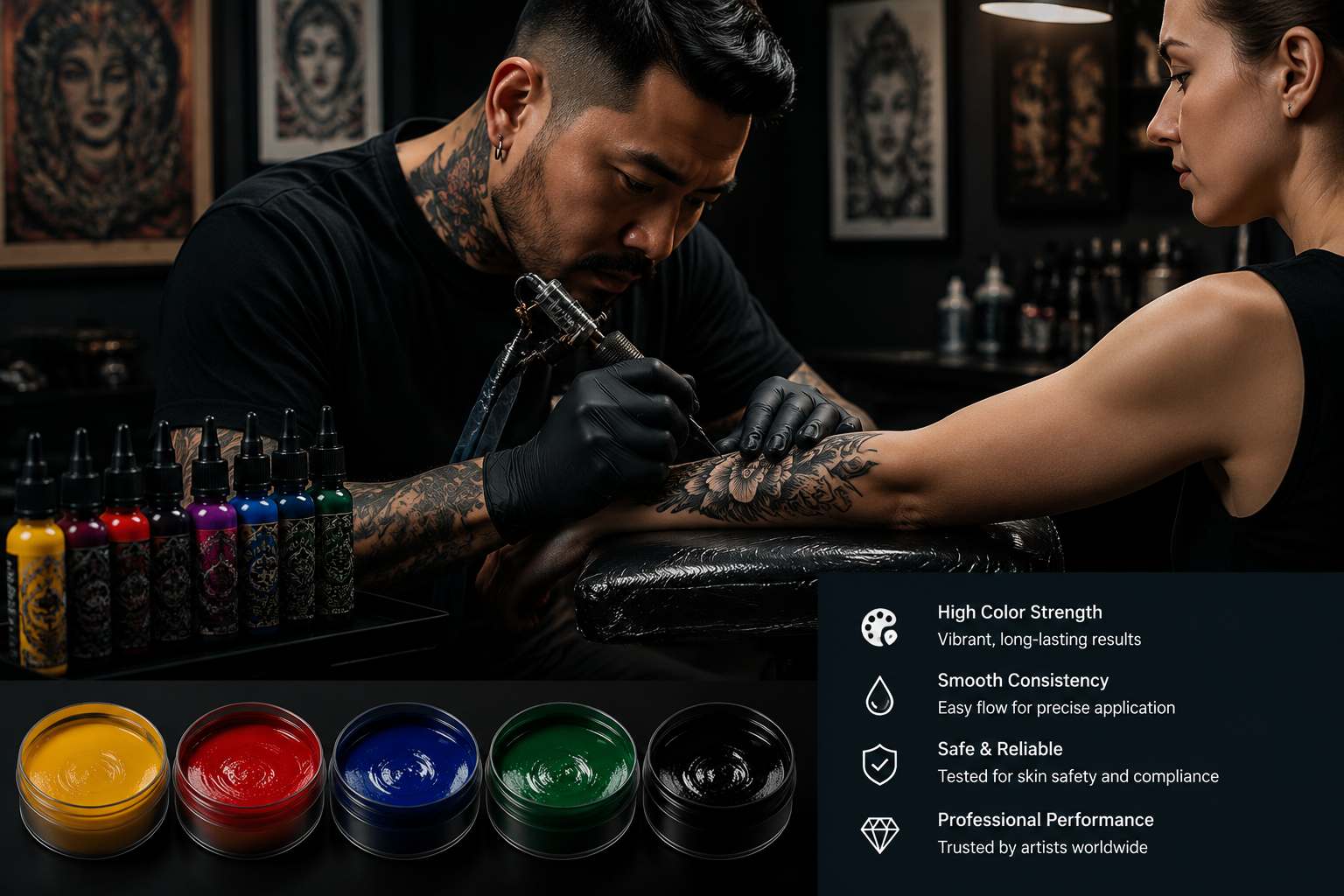 Professional tattoo inks with vibrant pigment colors for precision tattoo applications