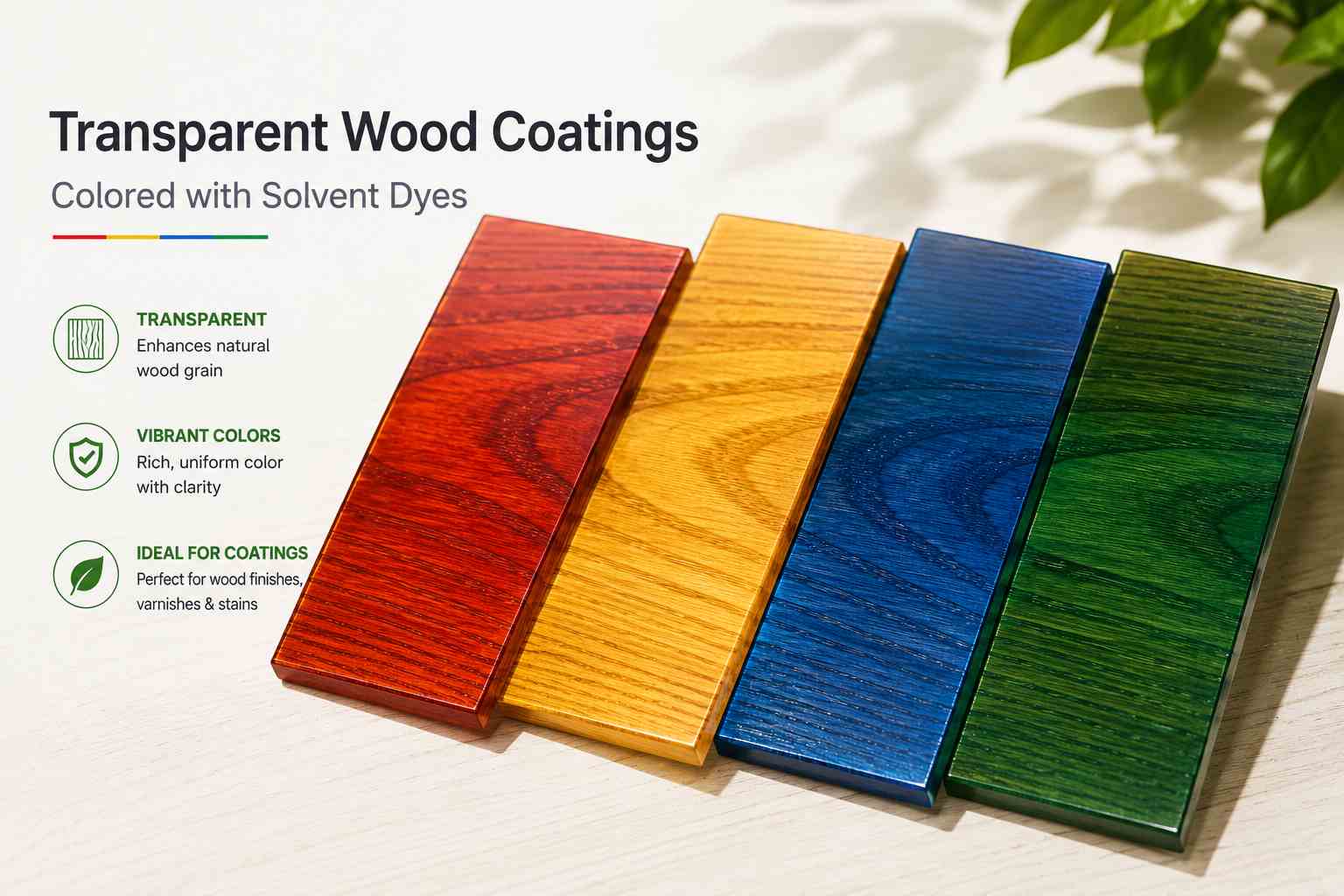 Transparent wood coating samples colored with solvent dyes showing visible natural wood grain