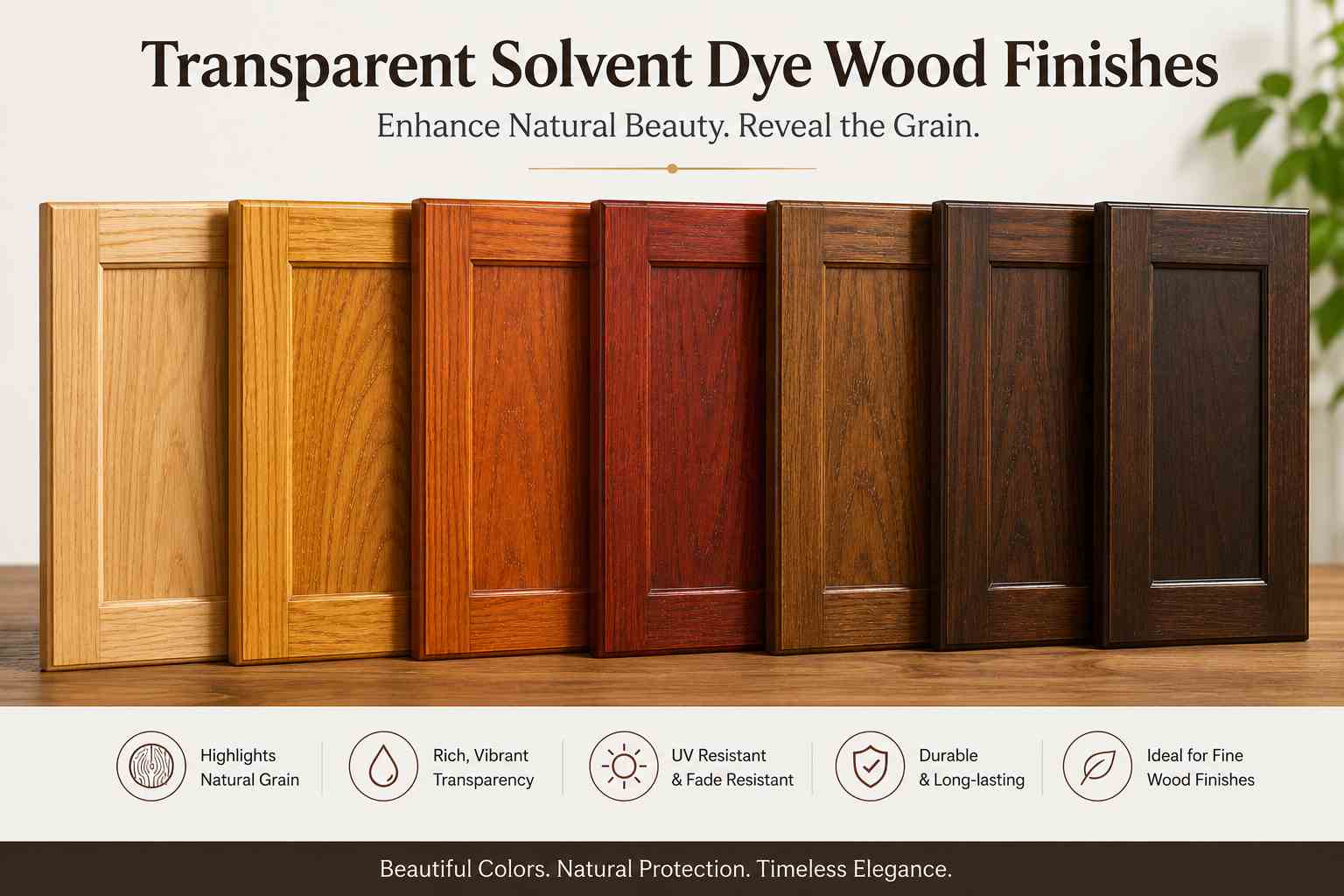 Wood furniture panels coated with transparent solvent dye wood finishes in multiple shades