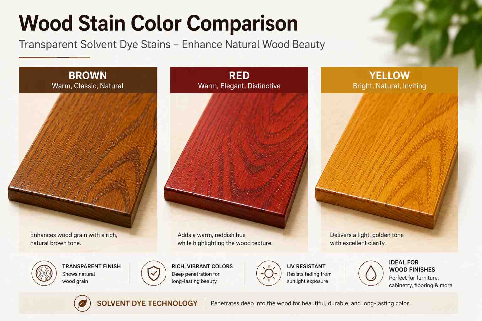Wood stain color comparison showing transparent brown red and yellow solvent dye shades