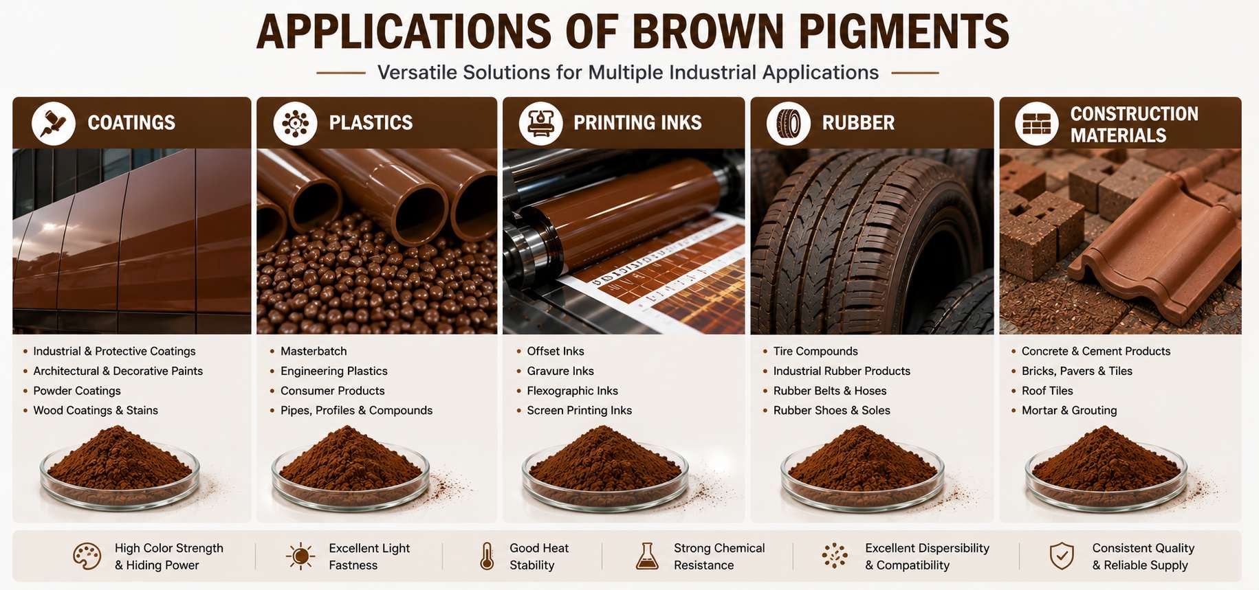 Applications of brown pigments in coatings plastics printing inks rubber and construction materials