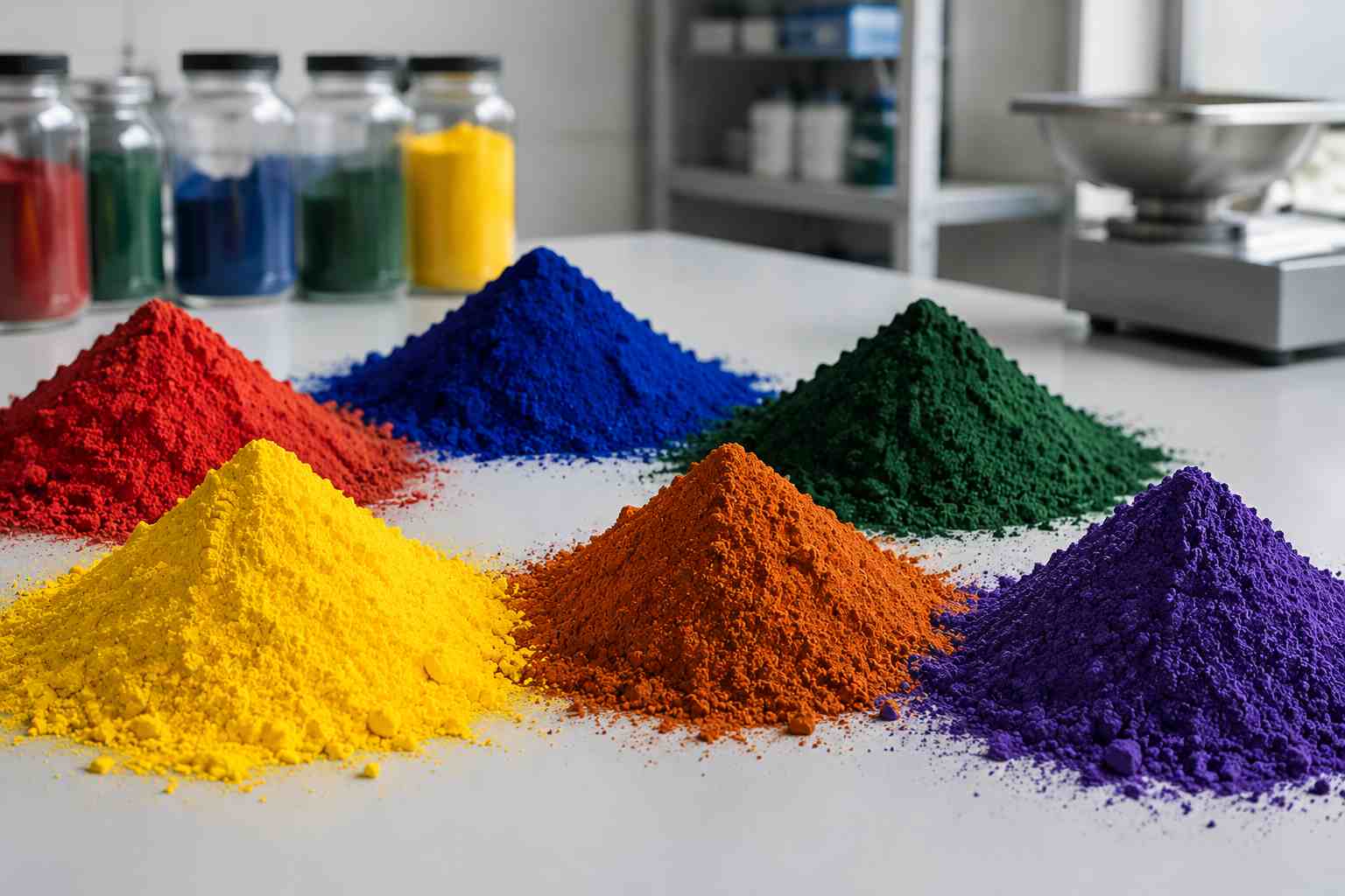 Colorful industrial pigment powder samples in a manufacturing lab, June 2026 industry brief cover image