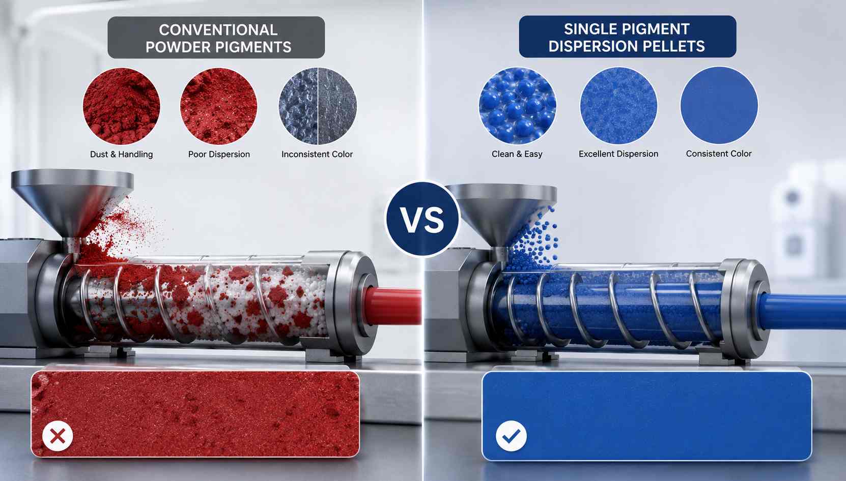 Comparison between conventional powder pigments and Single Pigment Dispersion pellets during plastic processing