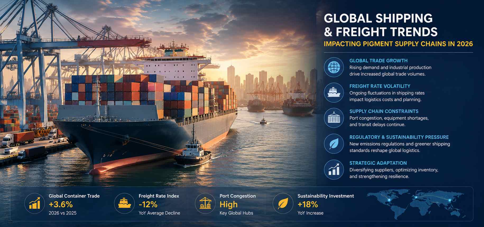 Container cargo ship at a busy port, representing global shipping and freight trends affecting pigment supply chains in 2026