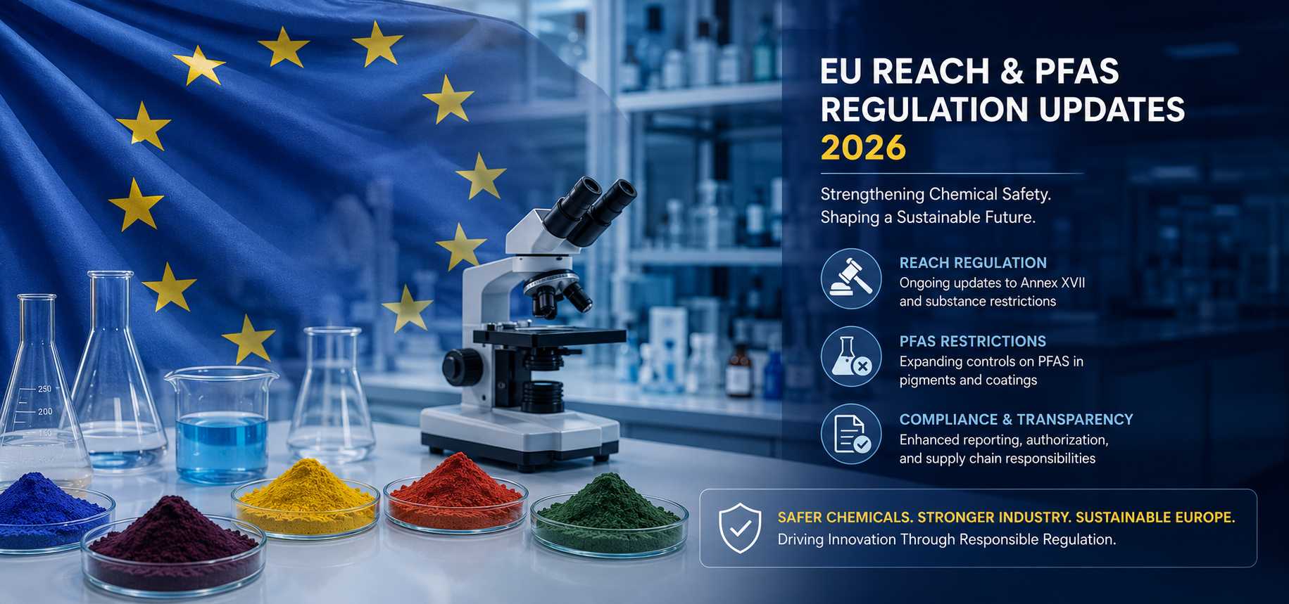 EU flag over a chemical laboratory setting, symbolizing REACH and PFAS pigment regulation updates in 2026
