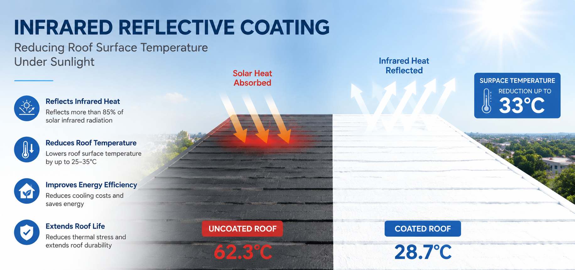 Infrared reflective coating reducing roof surface temperature under sunlight
