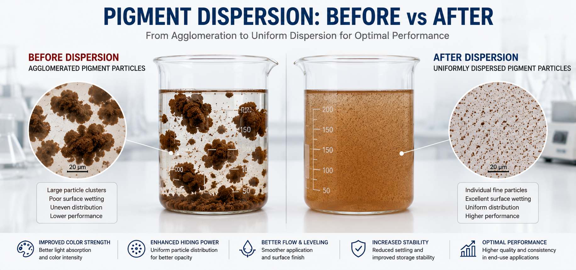 Pigment particles before and after dispersion under microscope