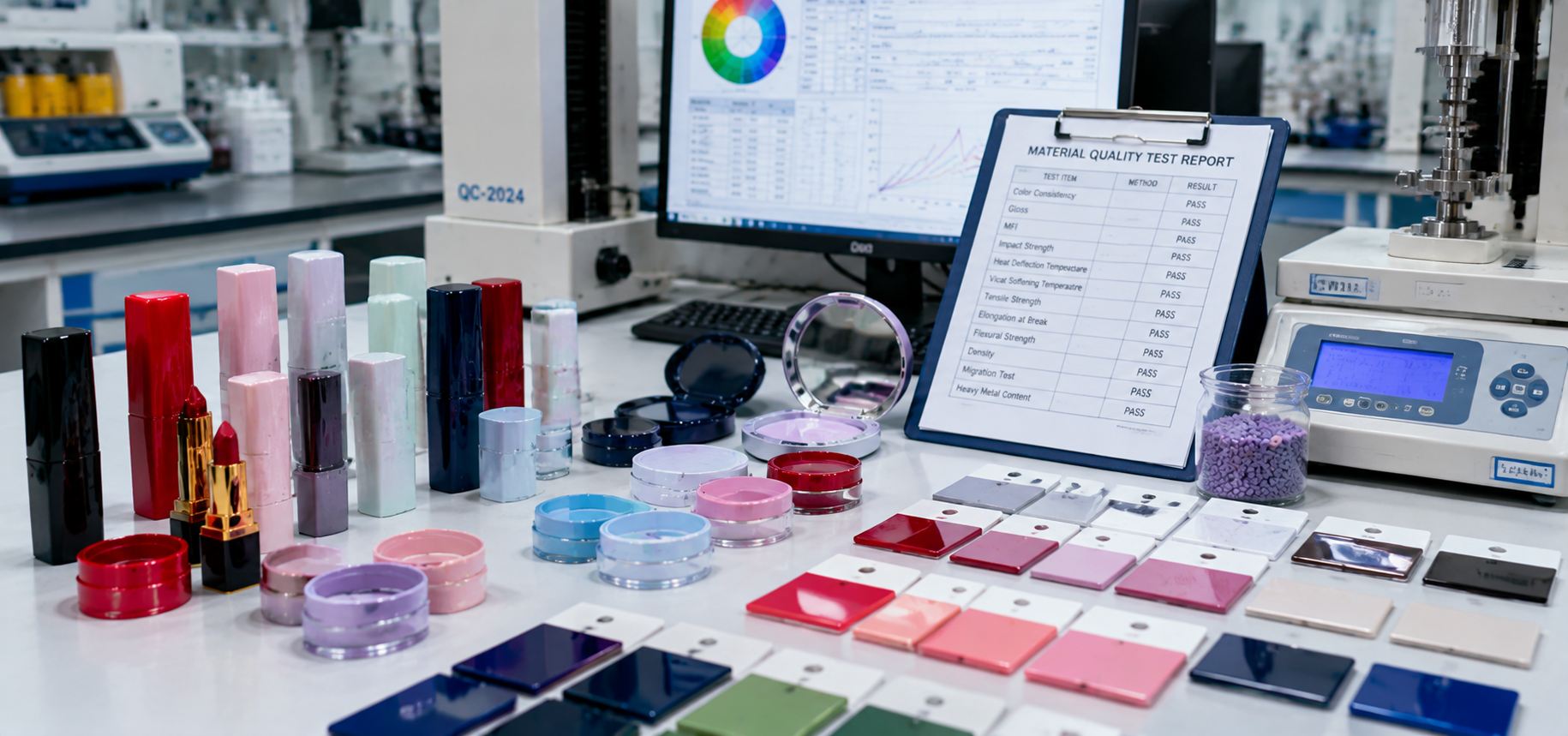 Pigmented plastic samples for cosmetic packaging testing
