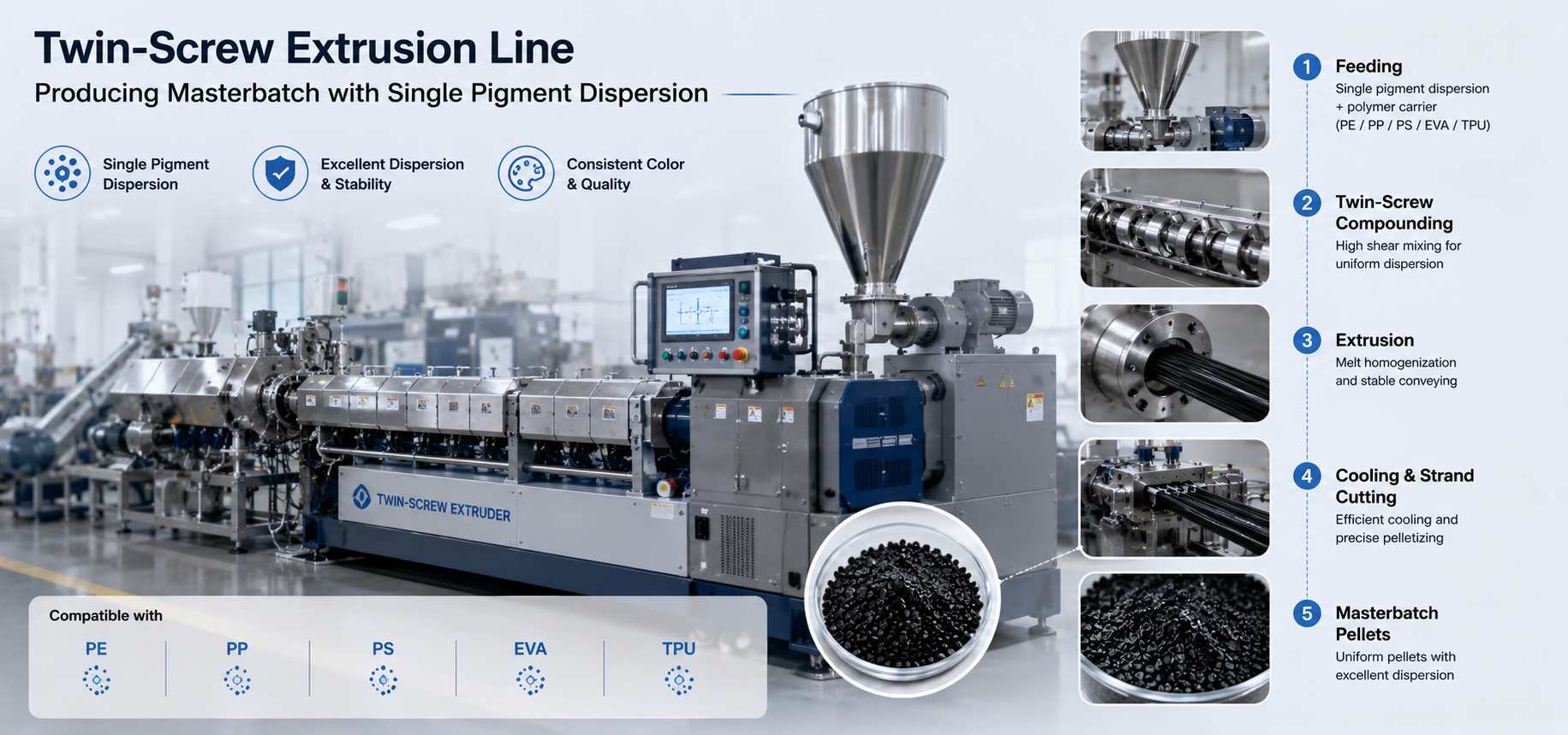 Twin-screw extrusion line producing masterbatch with Single Pigment Dispersion
