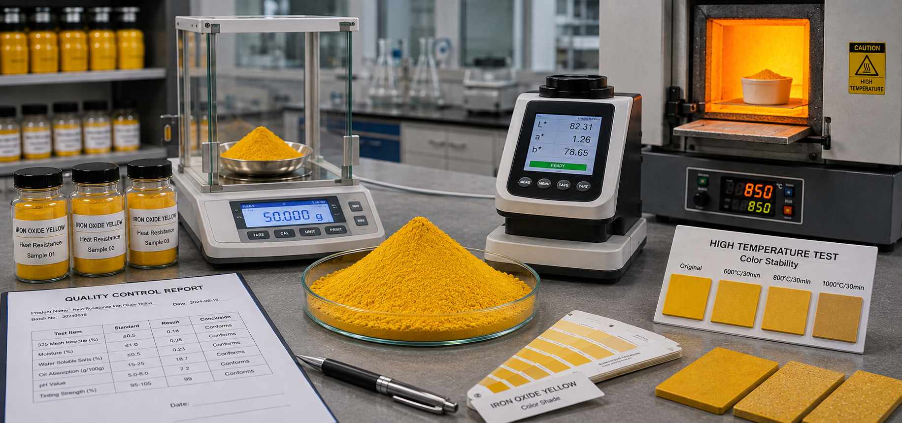Heat Resistance Iron Oxide Yellow Pigment High Temperature and Color Quality Testing