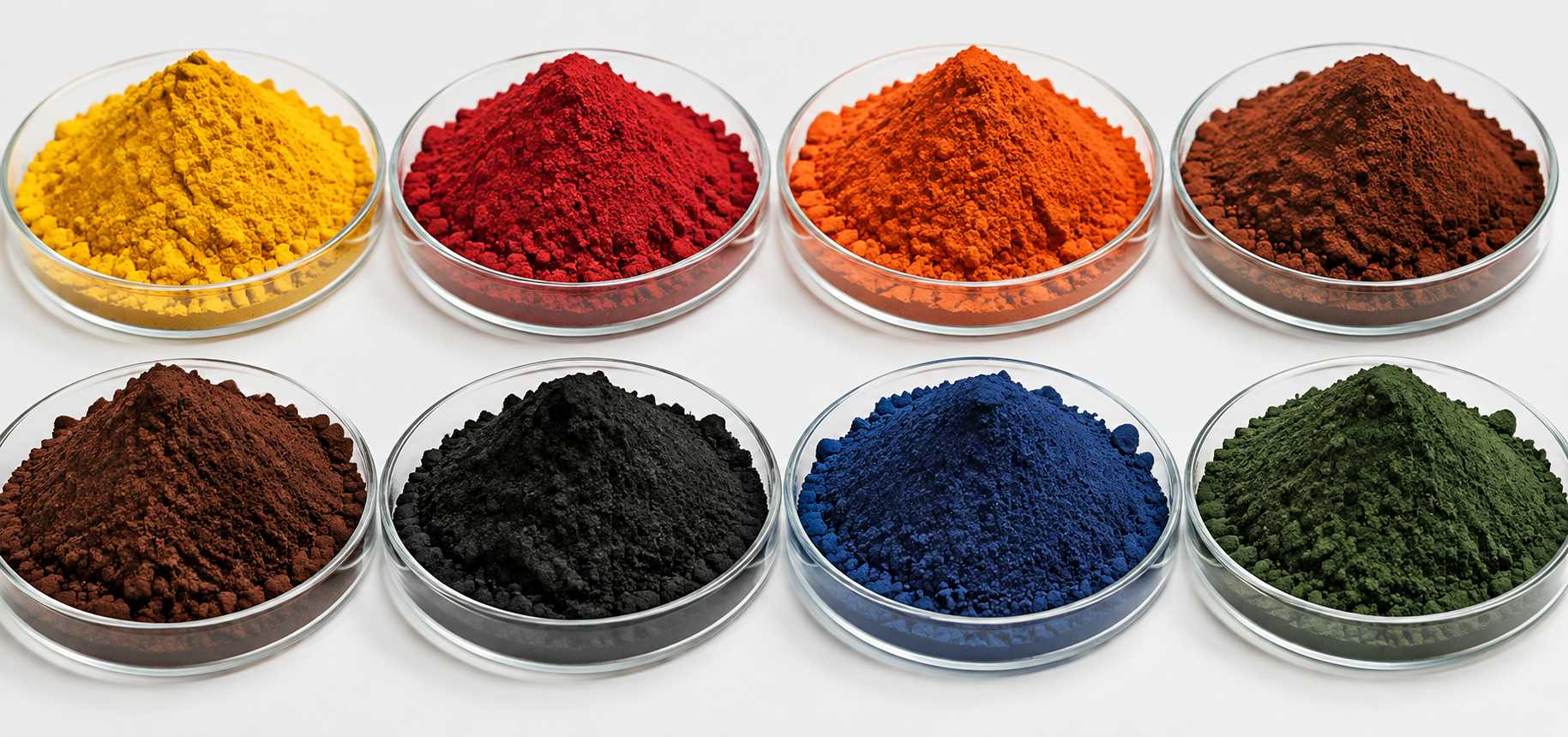 Iron oxide pigment color chart showing yellow red orange brown black blue and green shades