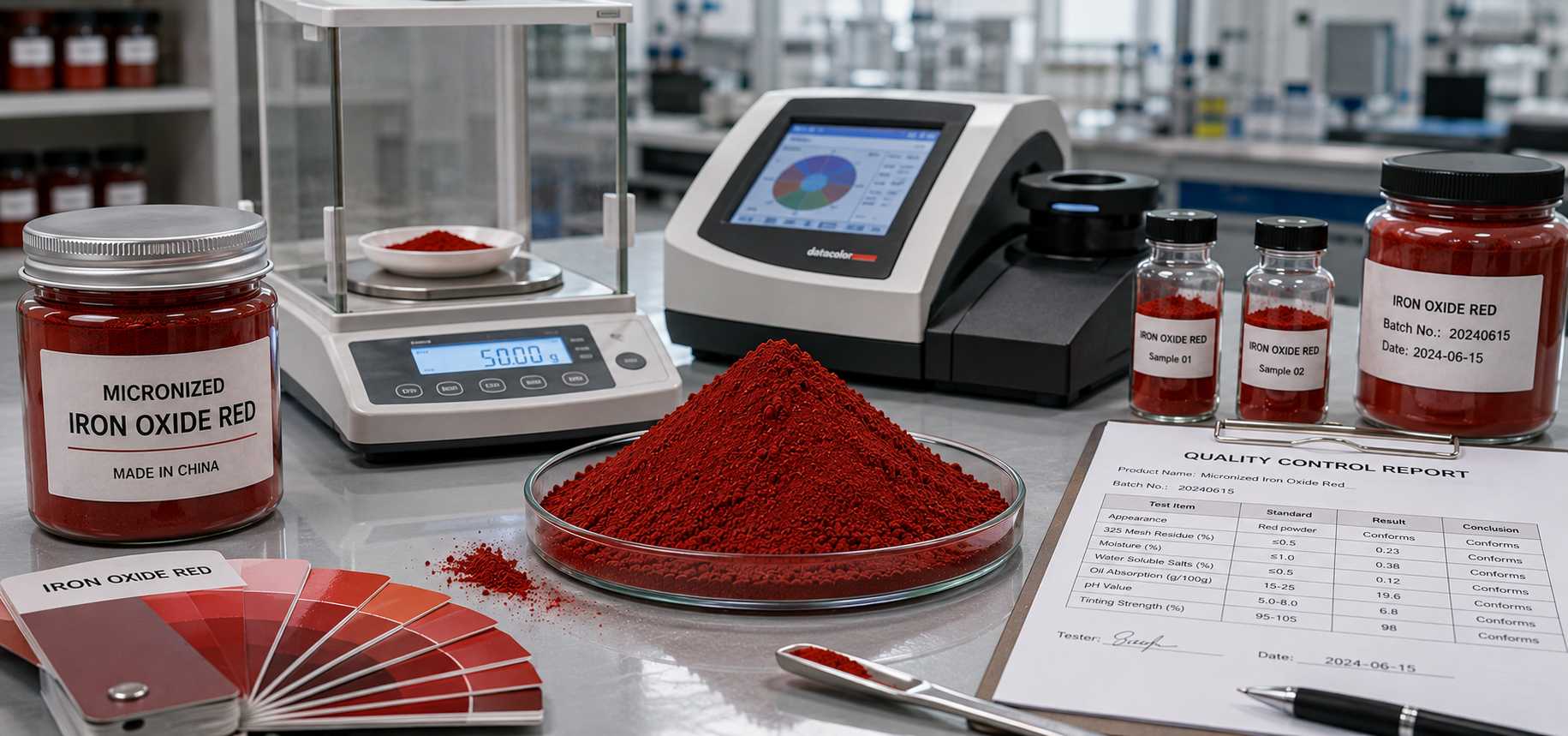 Micronized Iron Oxide Red Pigment Quality Control and Color Testing