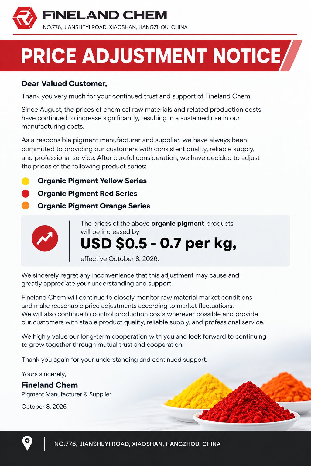 Fineland Chem Announces Price Adjustment October 8, 2026
