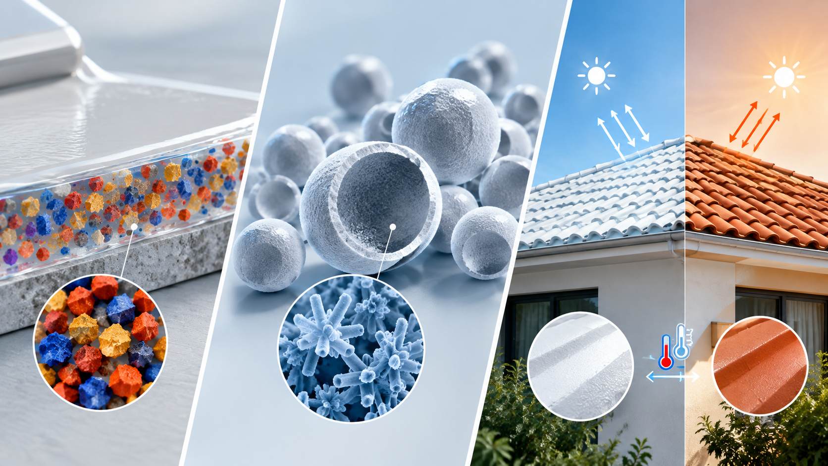 Illustration of three infrared-reflective coating technologies metal oxide pigments, hollow glass microsphere composites, and thermochromic materials.