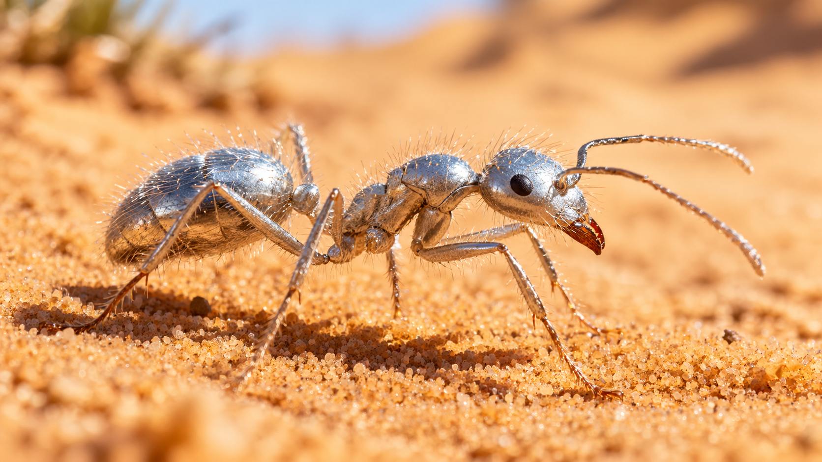 Sahara silver ant with reflective hairs that help manage solar heat