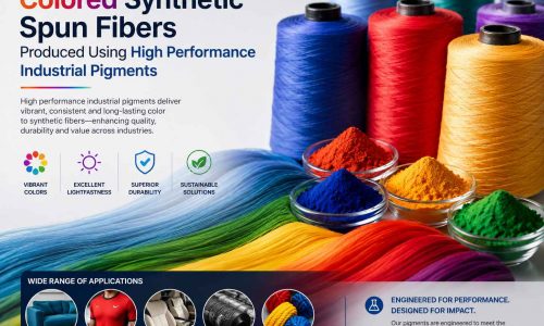 Colored synthetic spun fibers produced using high performance industrial pigments